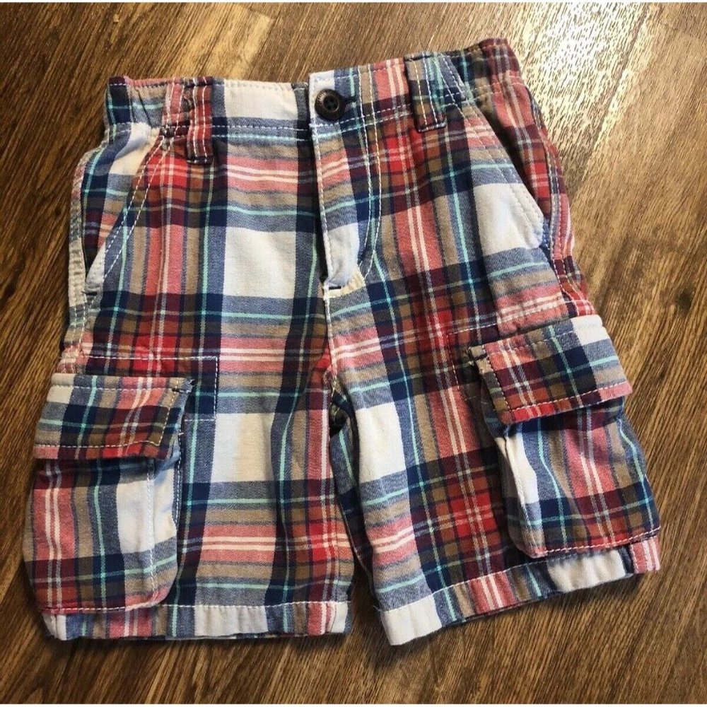 MINI BODEN Boys Multicolored Plaid Cargo Shorts Adjustable Waist SZ: 3~EUC~
